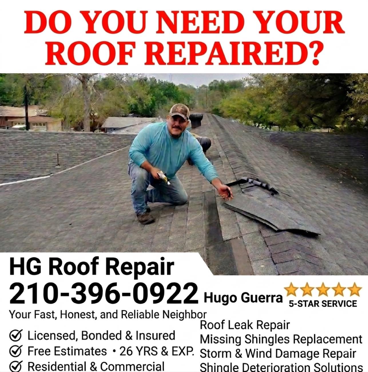 Hugo kneeling on a roof ridge inspecting shingles